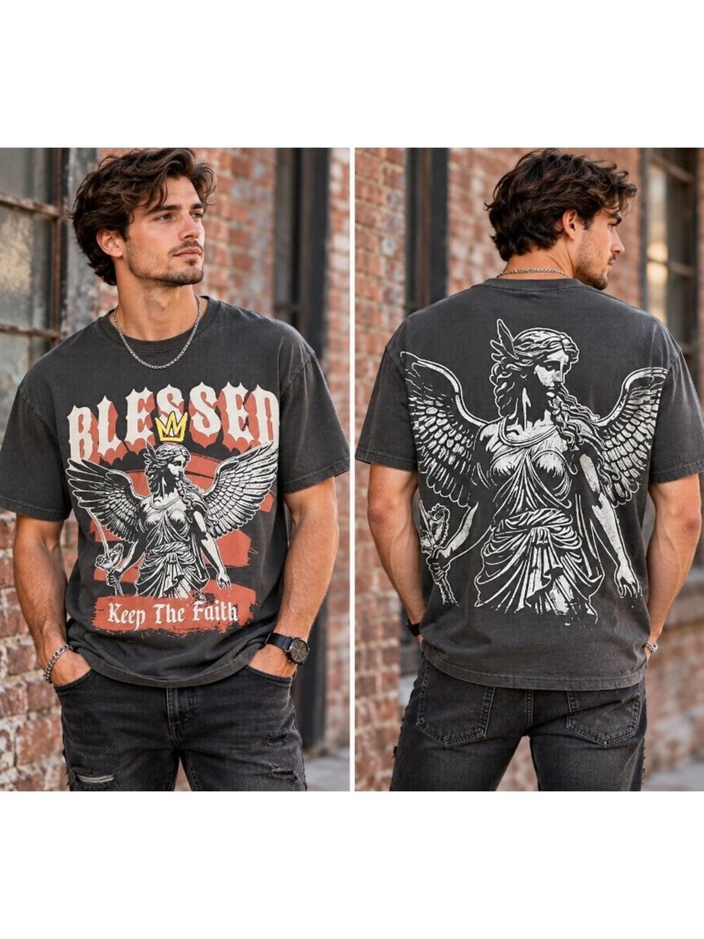VTG Legend Blessed Keep The Faith Angel Graphic T Shirt Mens S Streetwear Gothic